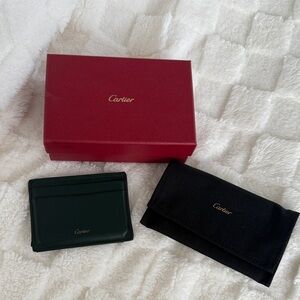 Cartier Green Leather Card Sleeve with Red Box and Black Pouch